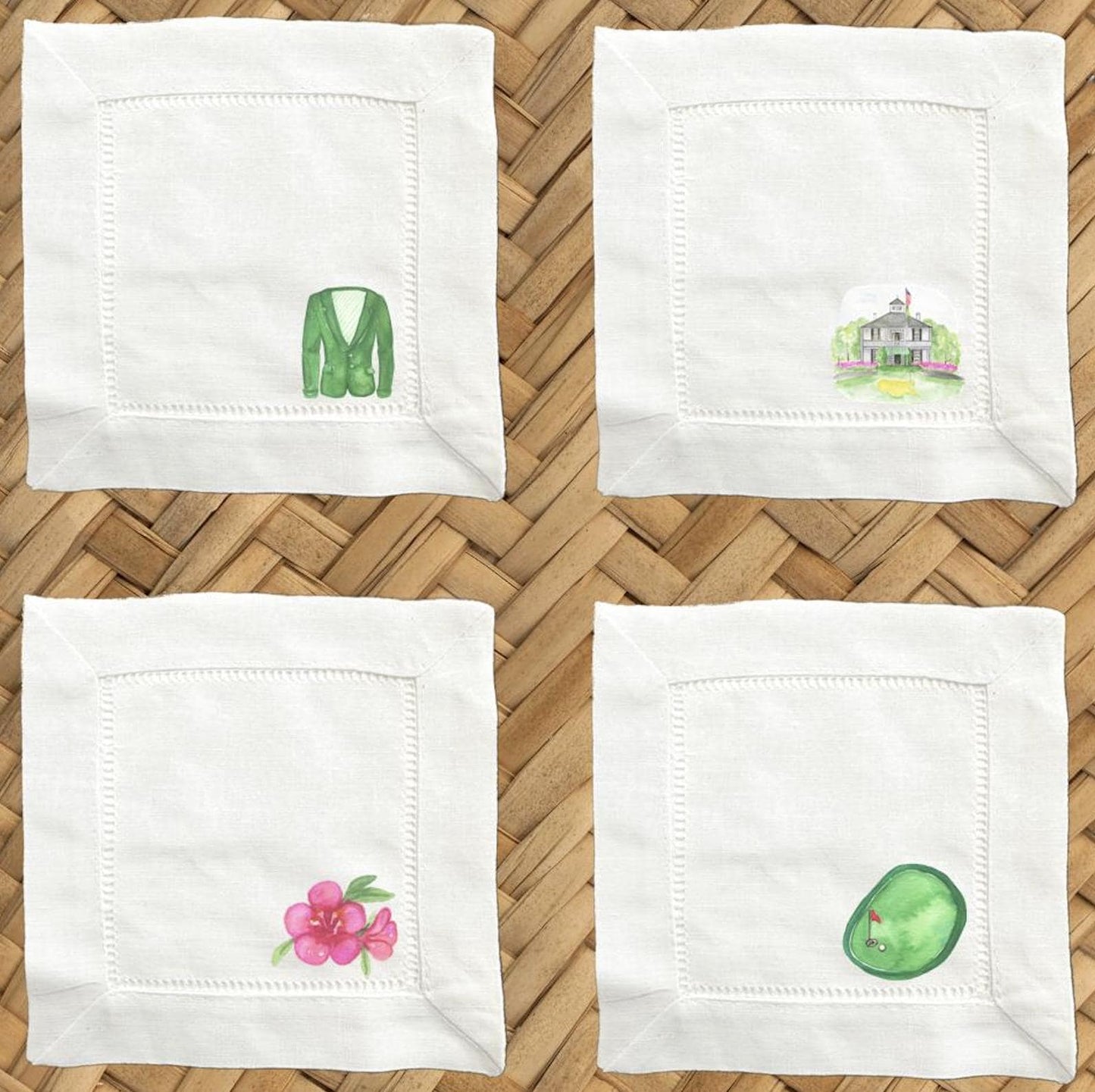 Augusta Golf Linen Cocktail Napkins - Hemstitch Cloth Napkins, Set of 4, V2