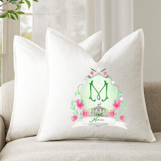 Personalized Golf Crest Linen Pillow Cover, Augusta Style, 22" Square