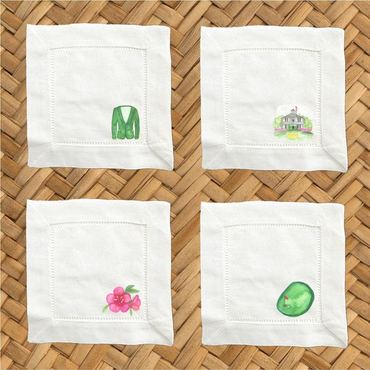 Augusta Golf Linen Cocktail Napkins - Hemstitch Cloth Napkins, Set of 4, V2