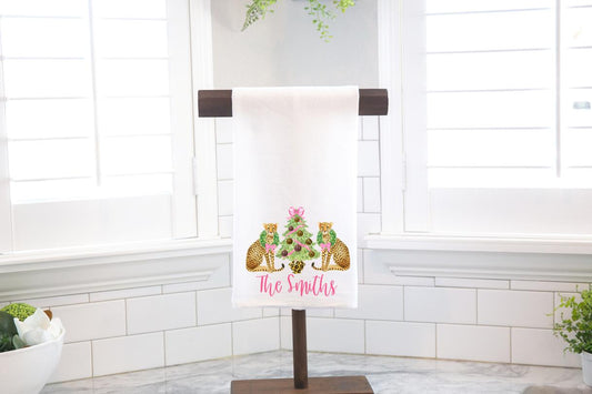 Personalized Cheetah Christmas Tree Flour Sack Tea Towel- Hostess Gift - Housewarming Gift