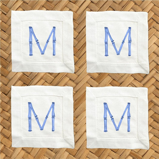 Wedding Gift - Blue Bamboo Monogram Linen Cocktail Napkins – Set of 4