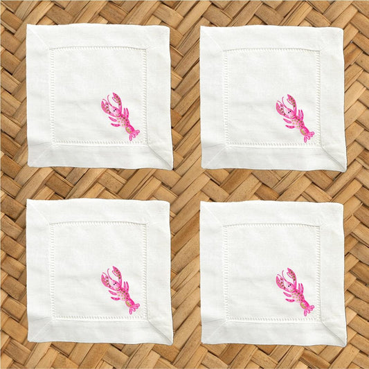 Pink Lobster Linen Cocktail Napkins - Hemstitch Set of 4