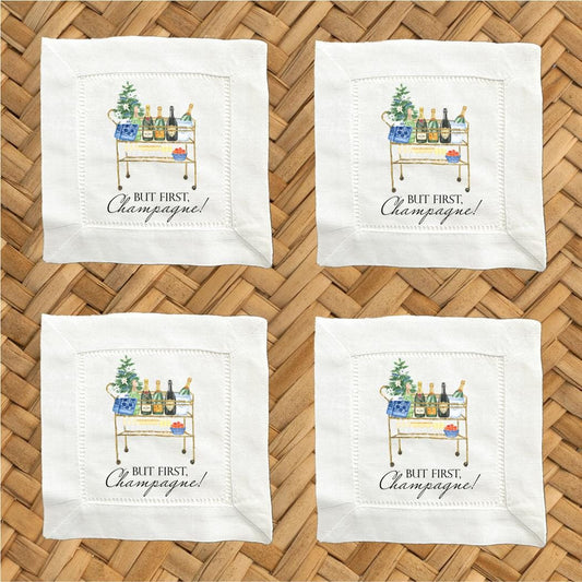 But First Champagne Linen Cocktail Napkins -  6 x 6 Inch Cloth Hemstitch Fabric Napkins - Set of 4