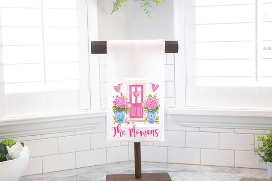 Personalized Pink Door Front Porch Flour Sack Tea Towel - Hostess Gift - Housewarming Gift - Valentines Day