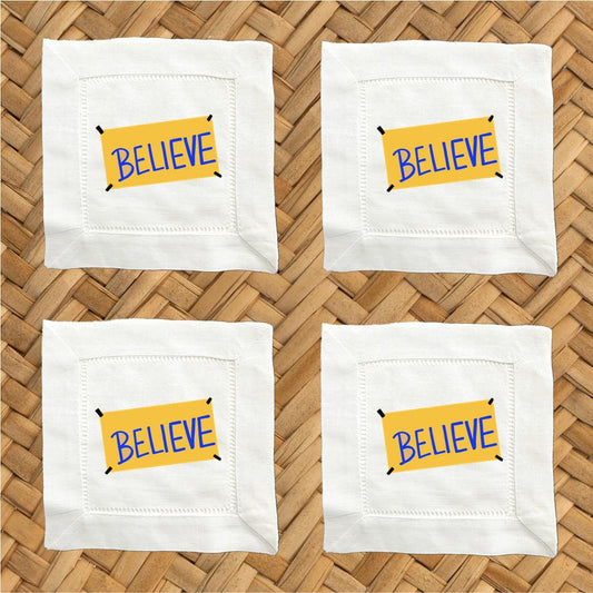 Believe Linen Cocktail Napkins - Hemstitch Cloth Napkins, Set of 4