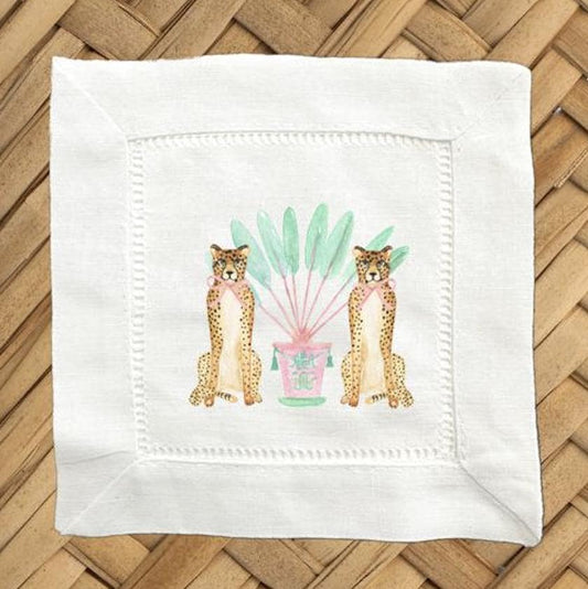 Hostess Gift - Tropical Cheetah Linen Cocktail Napkins - Set of 4
