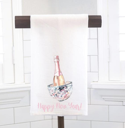 Happy New Year Disco Ball Champagne Flour Sack Tea Towel - Hostess Gift - Housewarming Gift