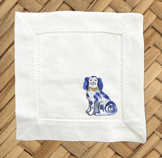 Chinoiserie Staffordshire Dog Linen Cocktail Napkins - Hemstitch Set of 4