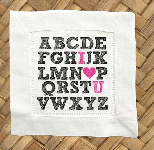 Valentine Alphabet Linen Cocktail Napkins - Hemstitch Set of 4