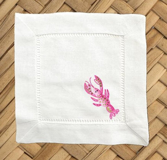 Pink Lobster Linen Cocktail Napkins - Hemstitch Set of 4