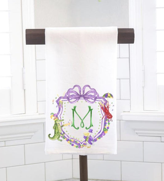 Personalized Mardi Gras Crest Flour Sack Tea Towel - Hostess Gift - Housewarming Gift - Preppy
