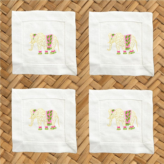 Moroccan Elephant Linen Cocktail Napkins - Hemstitch Set of 4