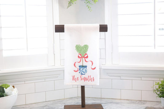 Personalized Heart Topiary Red Bow Chinoiserie Flour Sack Tea Towel - Hostess Gift - Housewarming Gift - Valentines Day