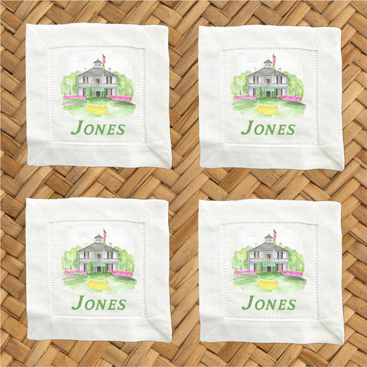 Personalized Augusta Golf Linen Cocktail Napkins -  6 Inch Cloth Hemstitch Fabric Napkins - Set of 4 - Golf Swag - Tee Gifts - Hostess Gift