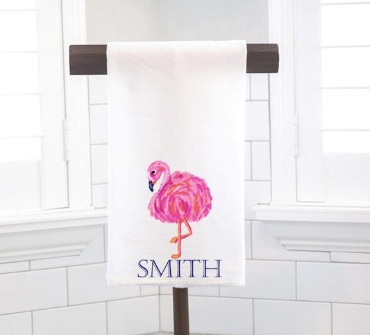 Personalized Custom Pink Flamingo Flour Sack Tea Towel - Preppy Gift