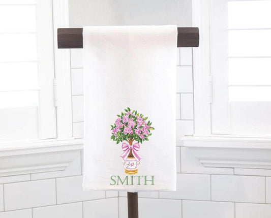Personalized Pink Chinoiserie Flowers Topiary Tea Towel, Kitchen Towel