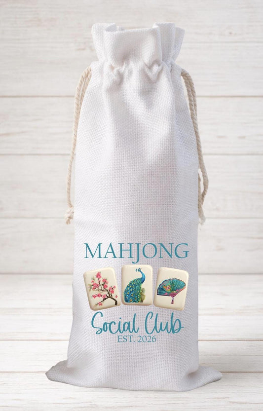 Mahjong Social Club Peacock, Wine Bottle Gift Bag – Reusable Drawstring Canvas Bag