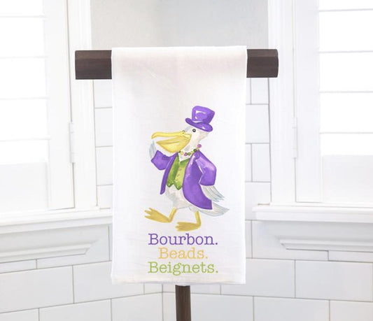 Mardi Gras Pelican, Bourbon Beads Beignets, Flour Sack Tea Towel - Hostess Gift - Housewarming Gift - Preppy