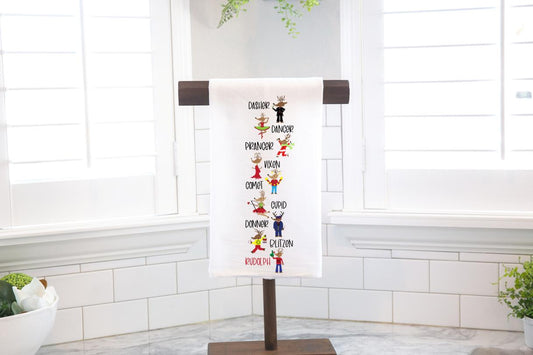 Santa's Reindeer Christmas Tree Flour Sack Tea Towel - Hostess Gift - Housewarming Gift