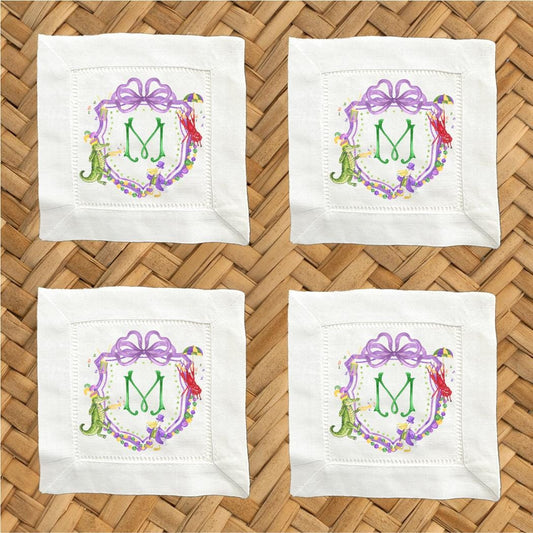 Personalized Mardi Gras Crest Linen Cocktail Napkins -  6 x 6 Inch Cloth Hemstitch Fabric Napkins - Set of 4