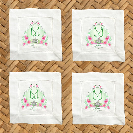 Personalized Custom Augusta Golf Crest Linen Cocktail Napkins - Hemstitch Cloth Napkins, Set of 4