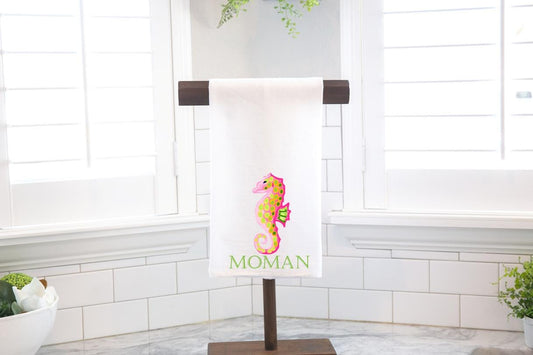 Personalized Custom Pink Green Seahorse Flour Sack Tea Towel - Preppy Gift