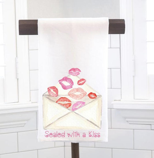 Sealed with a Kiss Flour Sack Tea Towel - Hostess Gift - Housewarming Gift - Valentines Day