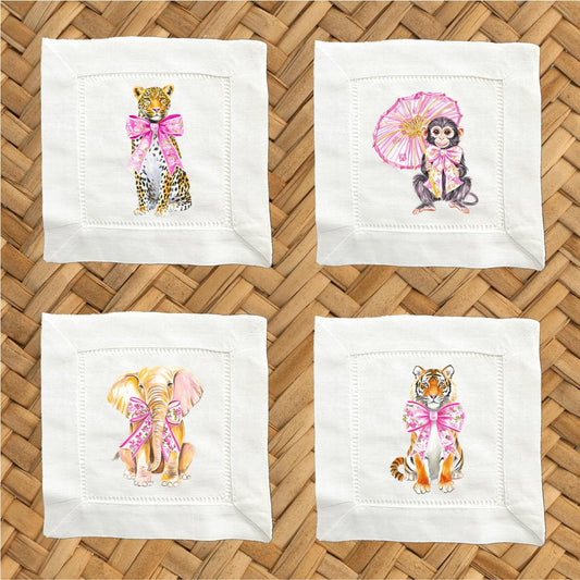 Hostess Gift For Animal Lover - Pink Chinoiserie Animals Linen Cocktail Napkins – Set of 4