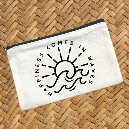 Happiness Comes In Waves, Canvas Pouch, Travel Cosmetic Bag