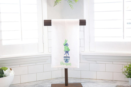 Personalized Blue Chinoiserie Easter Bunny Topiary Tea Towel, Kitchen Towel