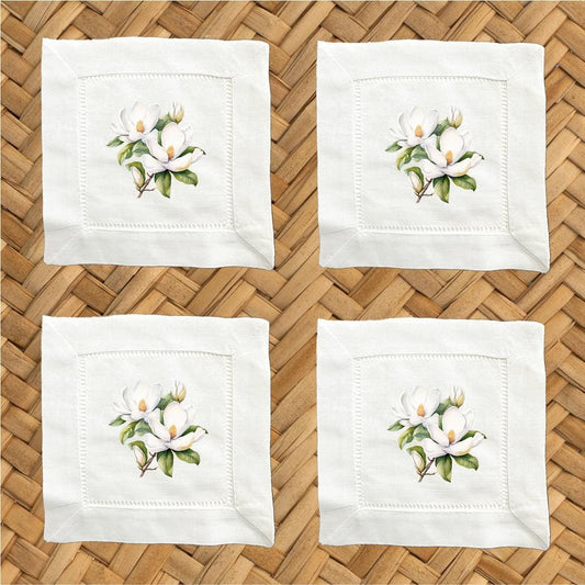 Hostess Gift For Friend, Magnolia Linen Cocktail Napkins - Set of 4