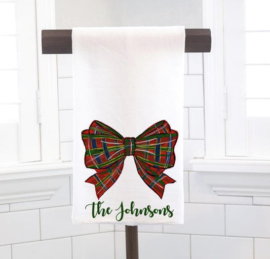 Personalized Tartan Plaid Bow Flour Sack Tea Towel - Hostess Gift - Housewarming Gift - Custom