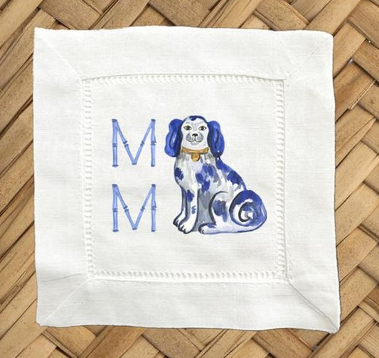 Blue Bamboo Dog Cocktail Napkins – Linen Hemstitch Bar Cart Set