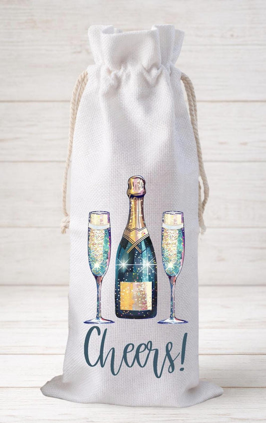 Cheers Champagne, Wine Bottle Gift Bag – Reusable Drawstring Canvas Bag