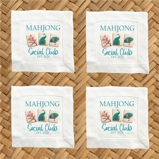 Mahjong Social Club Peacock Linen Cocktail Napkins -  6 x 6 Inch Cloth Hemstitch Fabric Napkins - Set of 4