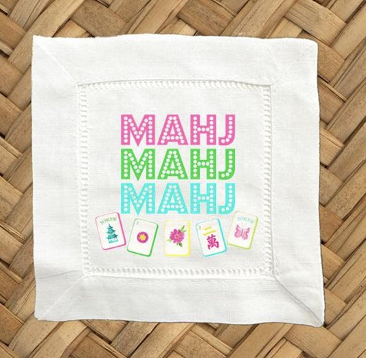 Mahj Mahj Mahj Linen Cocktail Napkins -  6 x 6 Inch Cloth Hemstitch Fabric Napkins - Set of 4