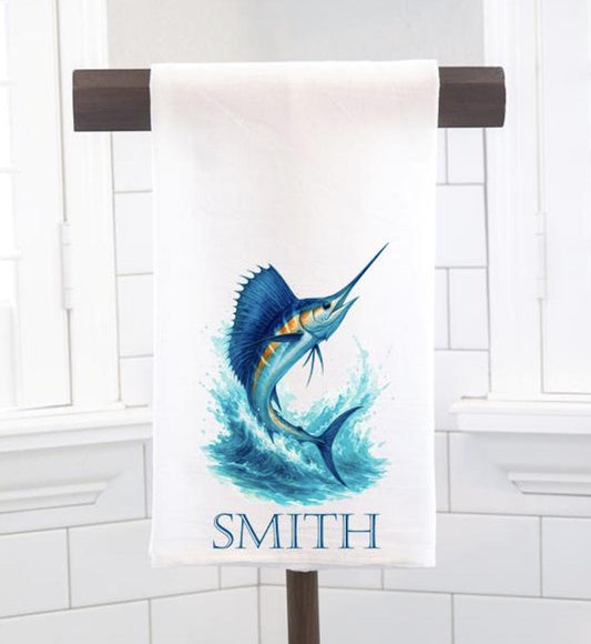 Personalized Custom Marlin Flour Sack Tea Towel - Gift for Saltwater Fishing