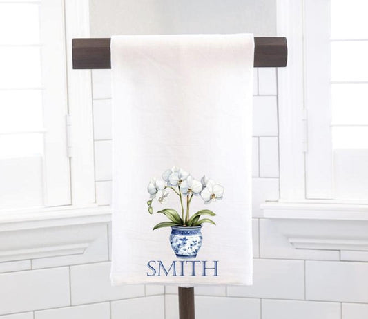 Personalized Blue Chinoiserie White Phalaenopsis Orchids Topiary Tea Towel, Kitchen Towel