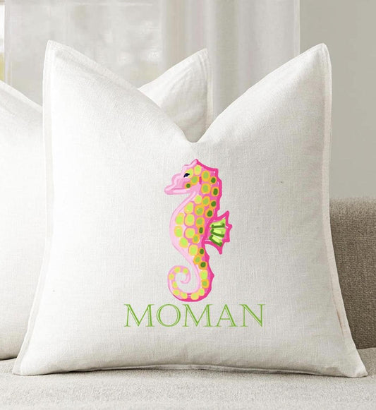 Personalized Custom Linen 22" Square Pillow Cover, Preppy Seahorse - Wedding Gift - Housewarming - Cozy Home Gift