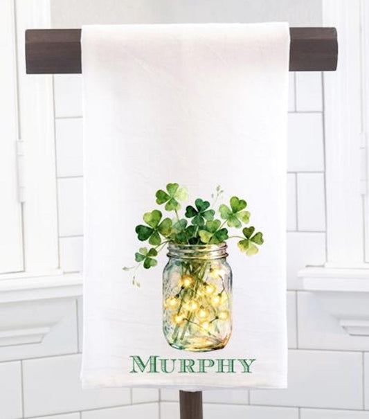 Clover Jar, St. Patrick's Day Flour Sack Tea Towel - Hostess Gift - Housewarming Gift - Personalized