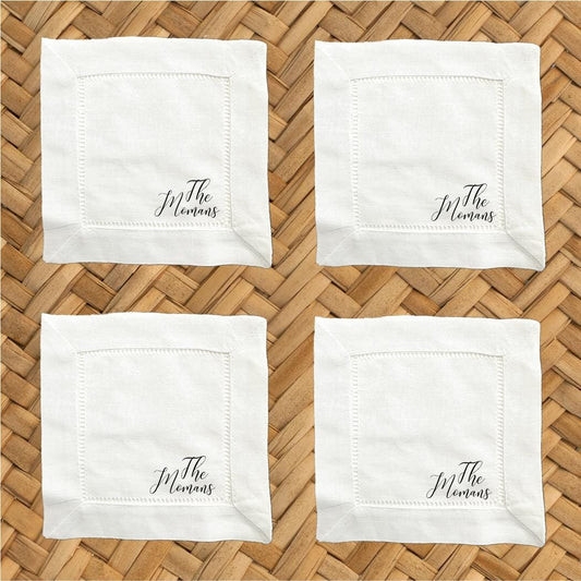 Personalized Linen Cocktail Napkins - Hemstitch Fabric, Set of 4
