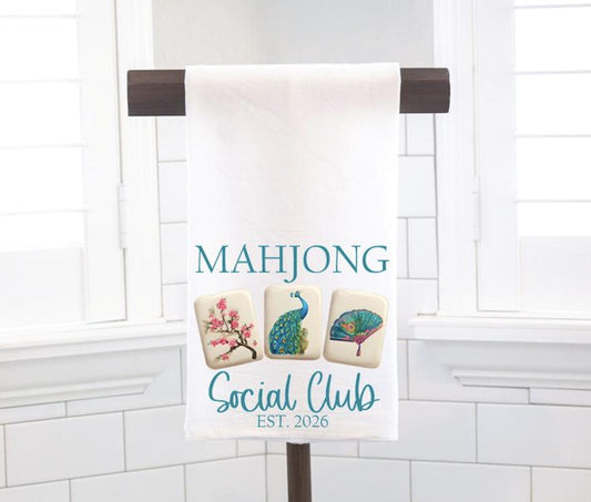 Mahjong Social Club, Mahj Squad Flour Sack Tea Towel – Mahjong Hostess Gift - Preppy - Peacock