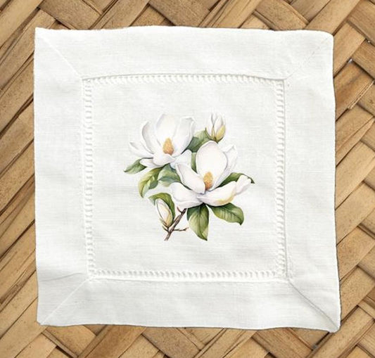 Hostess Gift For Friend, Magnolia Linen Cocktail Napkins - Set of 4