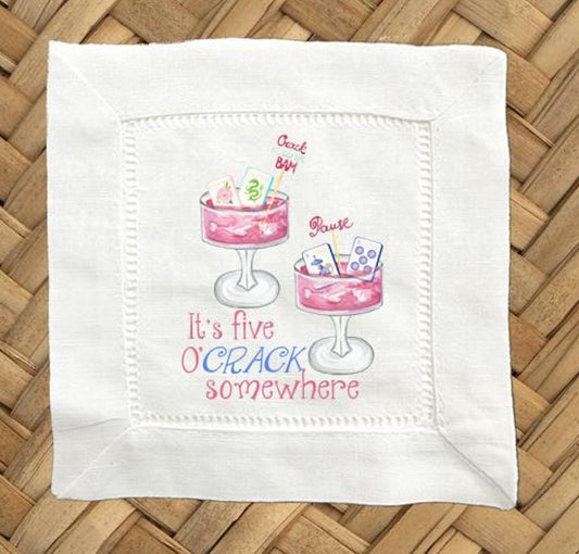 It's Five O'Crack Somewhere Linen Cocktail Napkins -  6 x 6 Inch Cloth Hemstitch Fabric Napkins - Set of 4
