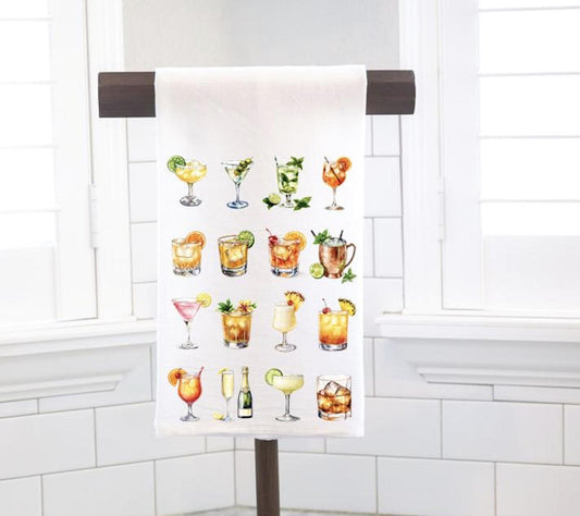 Cocktails Flour Sack Tea Towel - Hostess Gift - Housewarming Gift - Bar Cart Decor - Classic Cocktails