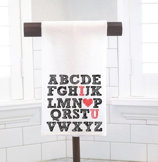 Alphabet I Love You Red Flour Sack Tea Towel - Hostess Gift - Housewarming Gift - Valentines Day