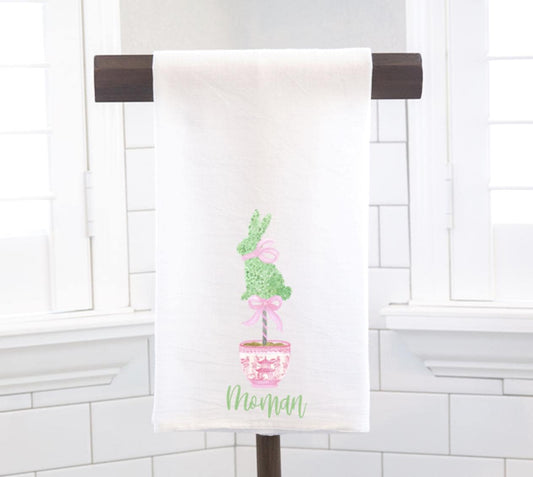 Personalized Chinoiserie Easter Bunny Topiary Tea Towel, Kitchen Towel