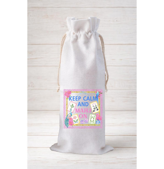 Keep Calm And Mahj On, Wine Bottle Gift Bag – Reusable Drawstring Canvas Bag