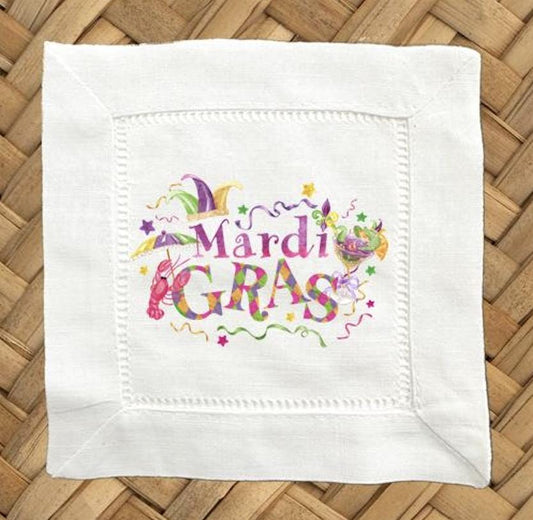 Mardi Gras Linen Cocktail Napkins, Hemstitch Set of 4