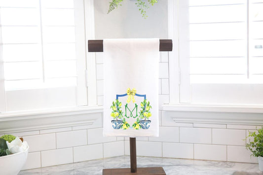 Personalized Custom Lemon Chinoiserie Wedding Crest, Palm Beach Flour Sack Tea Towel - Preppy Gift